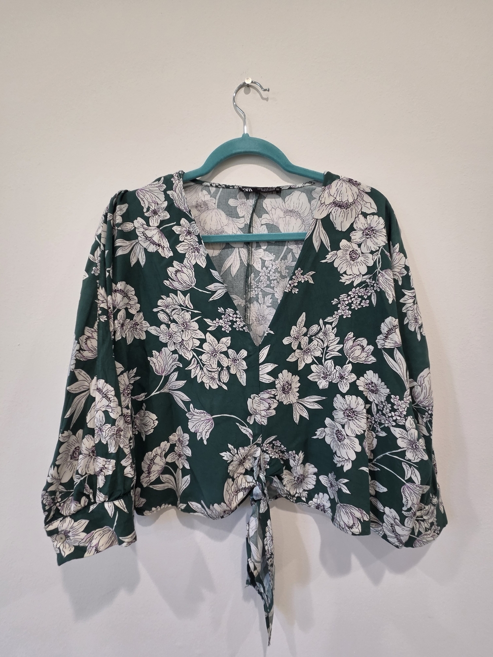 Zara Floral Tie-Front V-Neck Blouse in Dark Green